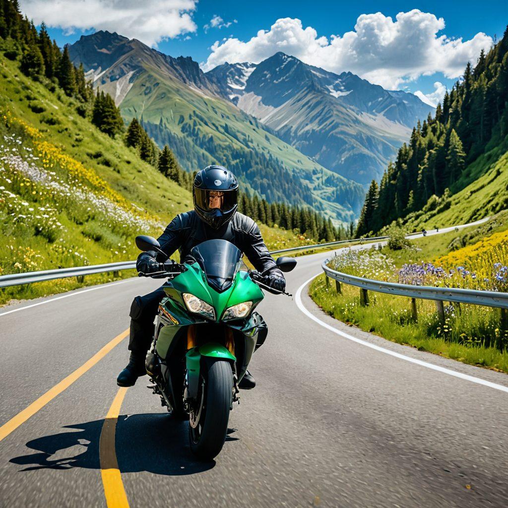 A confident motorcyclist in full safety gear, riding along a scenic mountain road, showcasing the beauty of nature. Include vibrant landscapes with majestic mountains in the background and clear blue skies. Highlight essential safety gear like a helmet, gloves, and protective clothing. Capture a sense of adventure and freedom that evokes a feeling of safety and empowerment. super-realistic. vibrant colors. 3D.