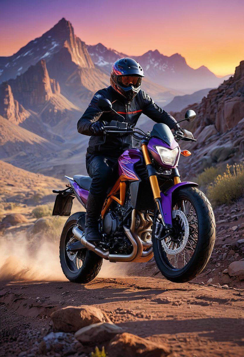 A dynamic scene showcasing an adventurous rider on a high-performance motorcycle, expertly navigating through a breathtaking mountainous terrain, with vibrant sunset colors illuminating the sky. Include details like an elevation map overlay and speed gauges to symbolize performance. In the foreground, a rugged landscape with wild grass enhances the thrill of exploration. super-realistic. vibrant colors. 3D.