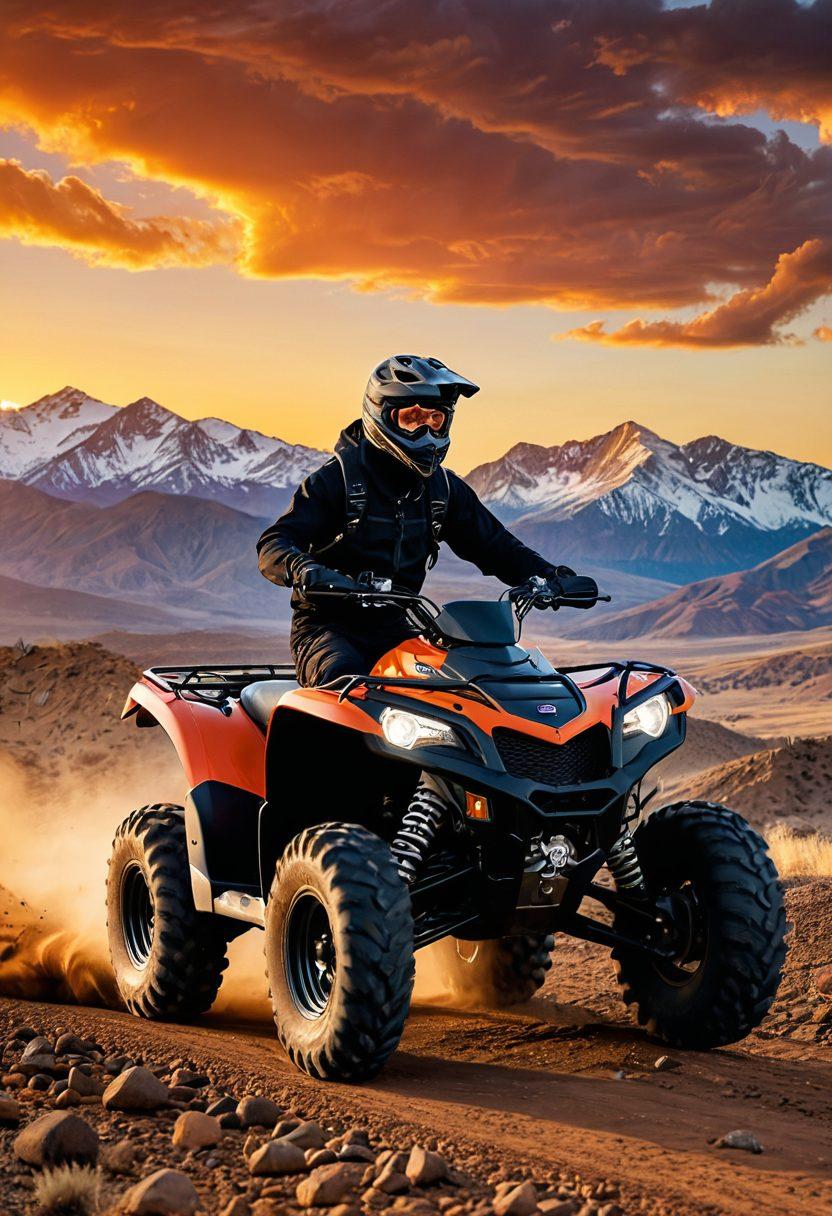 A dynamic scene capturing a rider skillfully maneuvering an all-terrain vehicle over rugged terrain, showcasing the thrill of powersport adventure. The background features majestic mountains and a sunset sky, emphasizing freedom and excitement. Add flying dirt and an expression of exhilaration on the rider's face. Incorporate vibrant colors to highlight the adventurous spirit. 3D. vibrant colors.